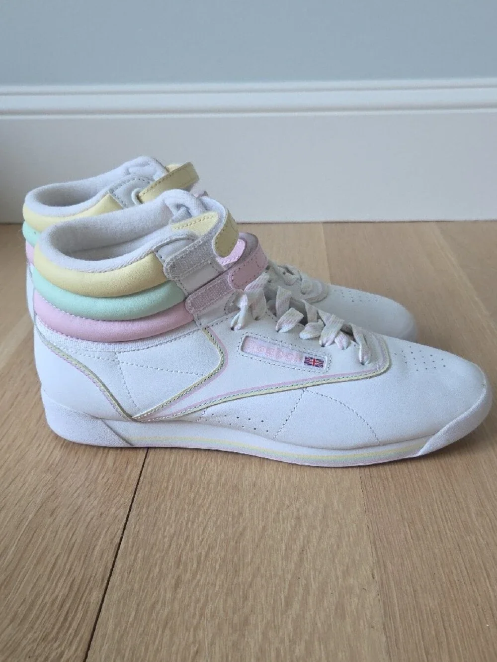 Reebok White High-Top Sneakers with Pastel Pink, Yellow & Mint Accents